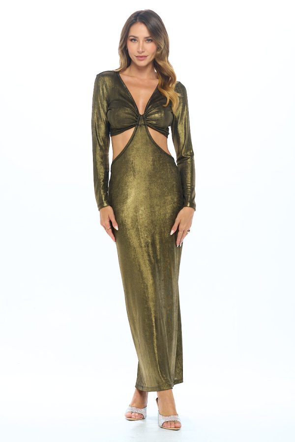 Lurex Metallic V neck Cutout Dress with Slit - Image 3