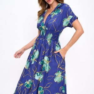 Floral Print V neck Collared Dress with Smock Waist Detail