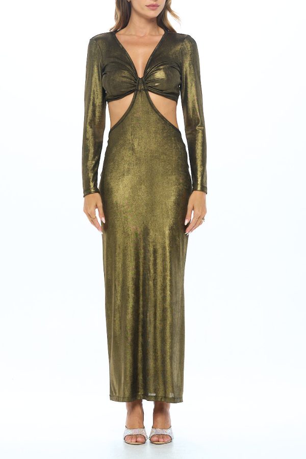 Lurex Metallic V neck Cutout Dress with Slit - Image 4
