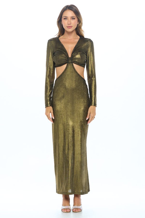 Lurex Metallic V neck Cutout Dress with Slit - Image 5