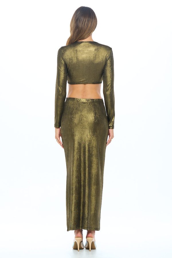 Lurex Metallic V neck Cutout Dress with Slit - Image 7