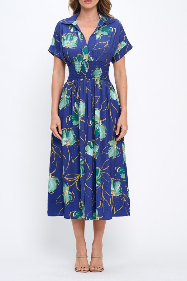 Floral Print V neck Collared Dress with Smock Waist Detail - Image 2
