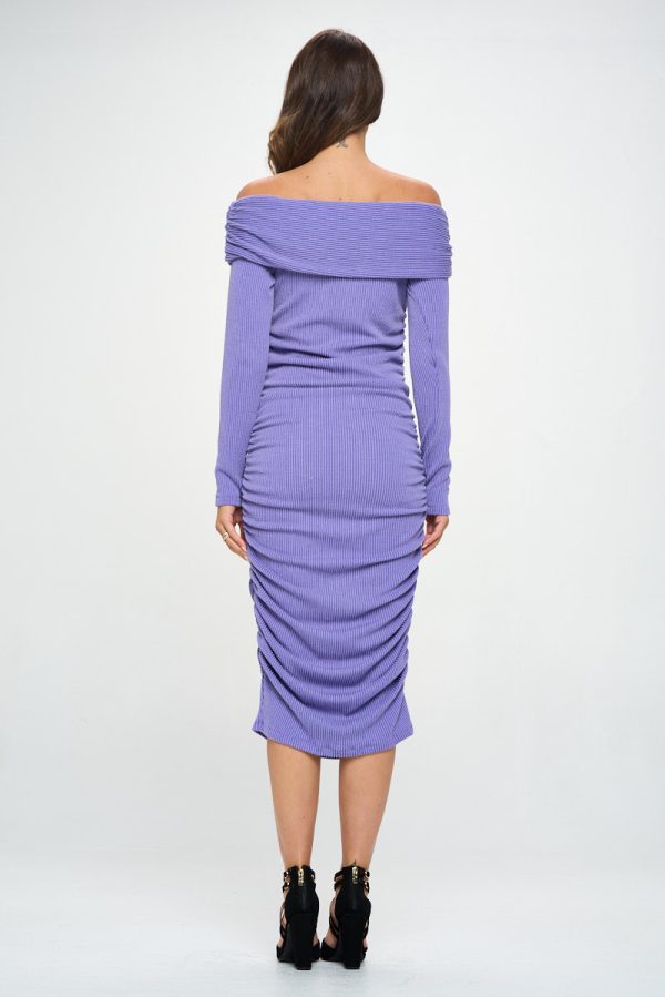 Ribbed Knit Off Shoulder Long Sleeve Bodycon Dress with Ruched Detail - Image 4