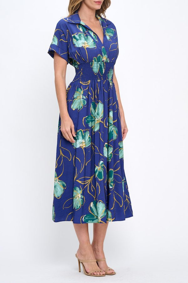 Floral Print V neck Collared Dress with Smock Waist Detail - Image 3