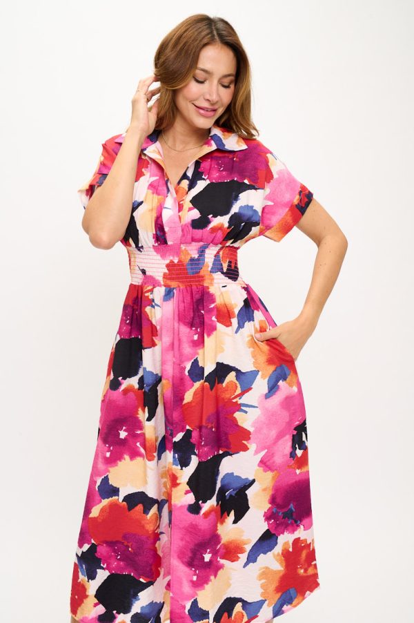 Floral Print V neck Collared Dress with Smock Waist Detail