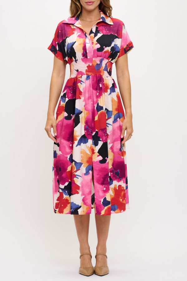 Floral Print V neck Collared Dress with Smock Waist Detail - Image 2
