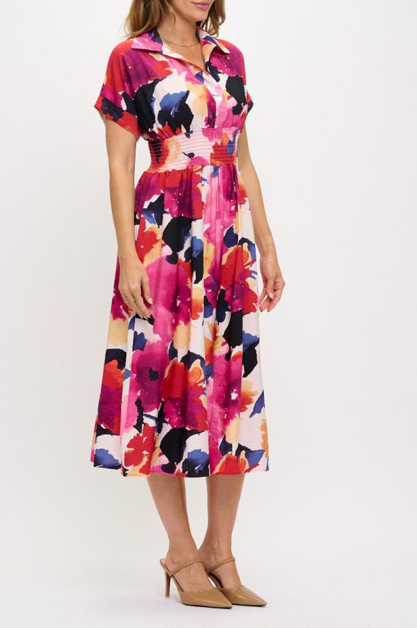 Floral Print V neck Collared Dress with Smock Waist Detail - Image 3
