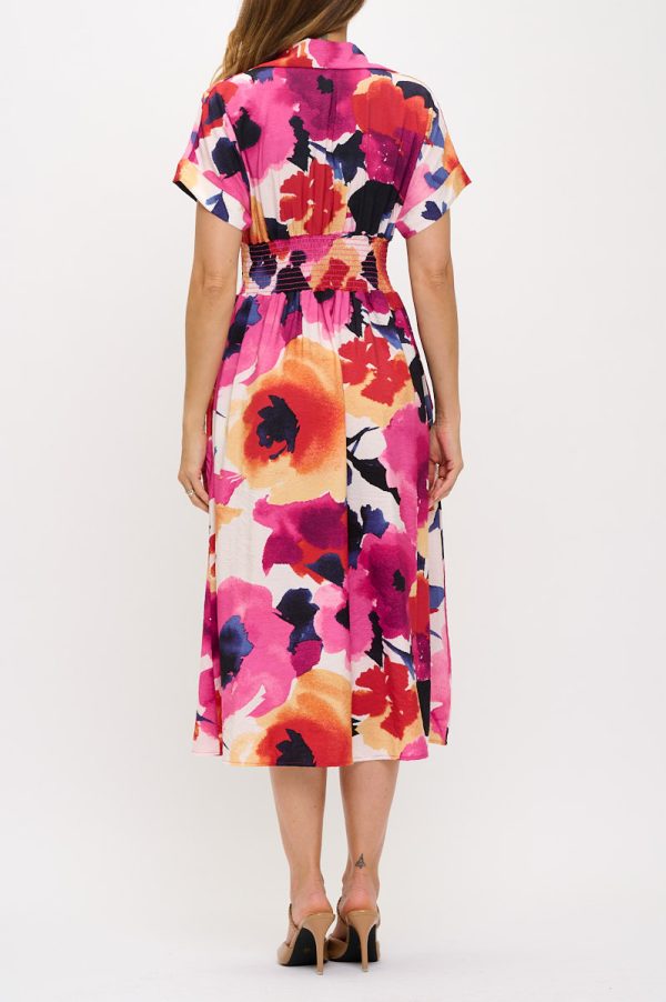 Floral Print V neck Collared Dress with Smock Waist Detail - Image 4