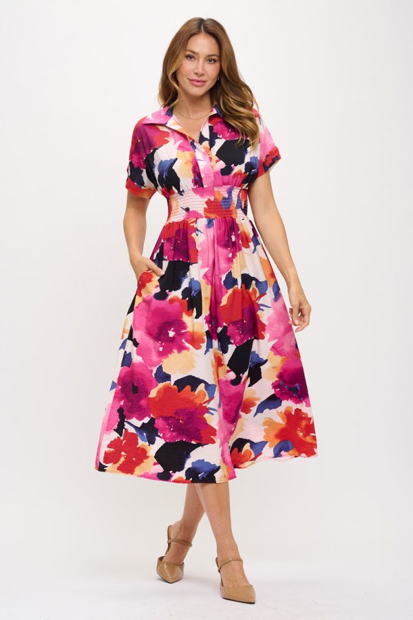Floral Print V neck Collared Dress with Smock Waist Detail - Image 5