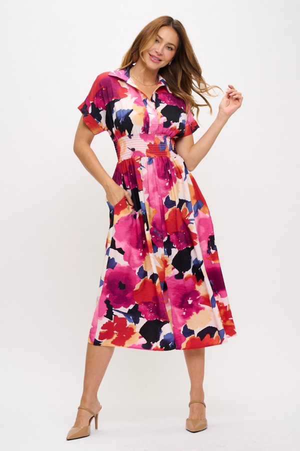 Floral Print V neck Collared Dress with Smock Waist Detail - Image 6