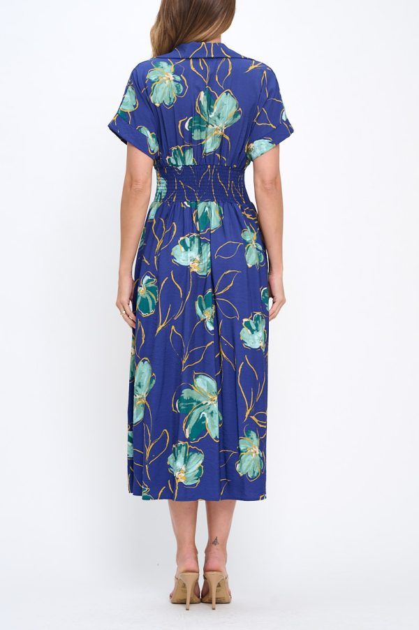Floral Print V neck Collared Dress with Smock Waist Detail - Image 4