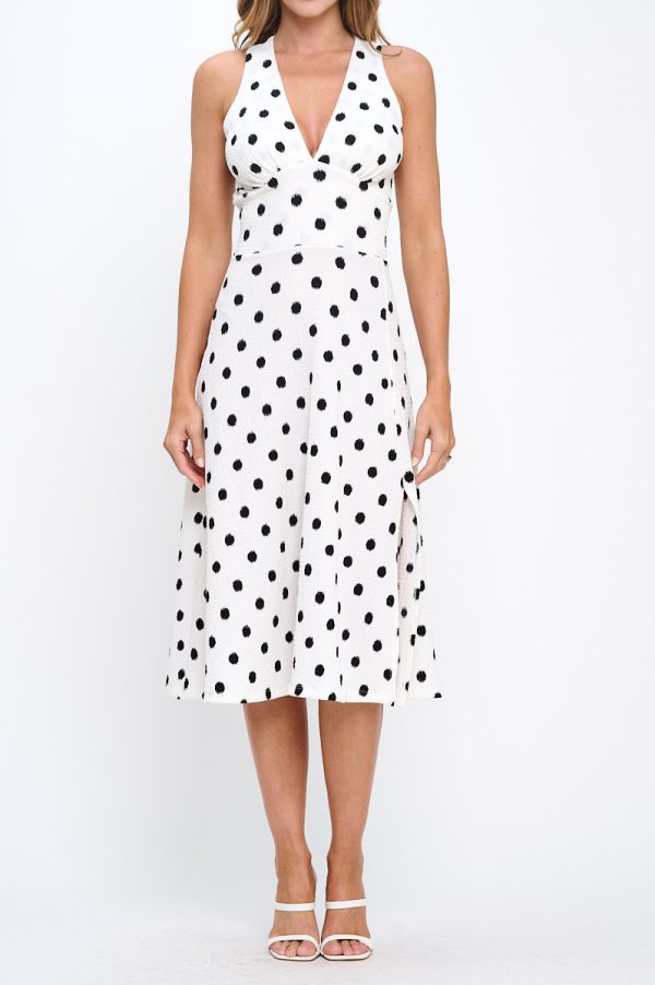 Polka Dot Sleeveless V neck Midi Dress with Slit - Image 2
