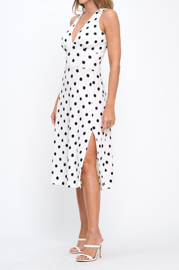 Polka Dot Sleeveless V neck Midi Dress with Slit - Image 3