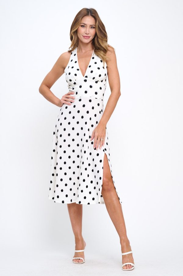 Polka Dot Sleeveless V neck Midi Dress with Slit - Image 5