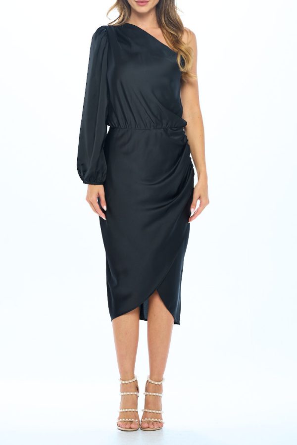 Satin One Shoulder Bodycon Dress w/ Asymmetric Hem - Image 2