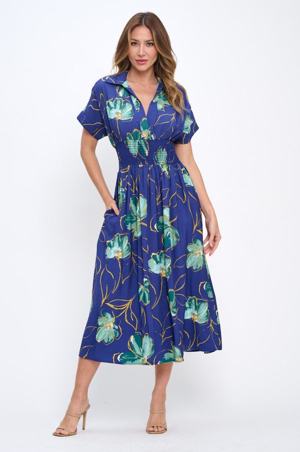 Floral Print V neck Collared Dress with Smock Waist Detail - Image 5