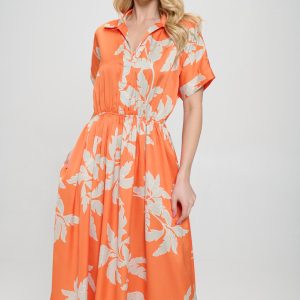 Flower Print Collared V neck Dress with Pockets