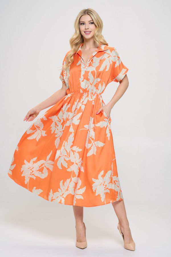 Flower Print Collared V neck Dress with Pockets - Image 2