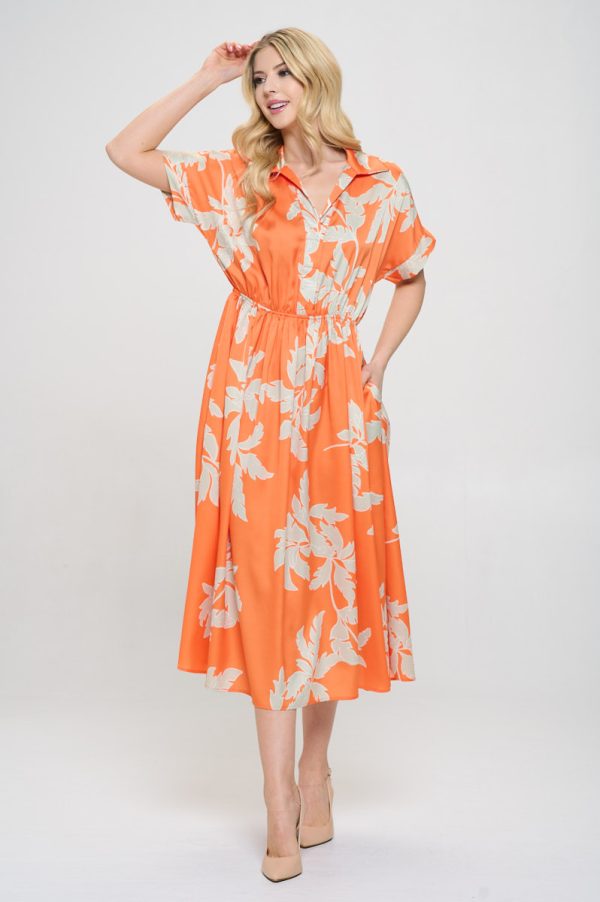Flower Print Collared V neck Dress with Pockets - Image 3