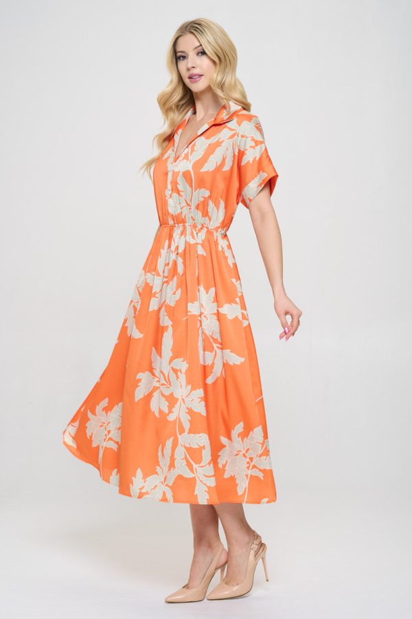 Flower Print Collared V neck Dress with Pockets - Image 4