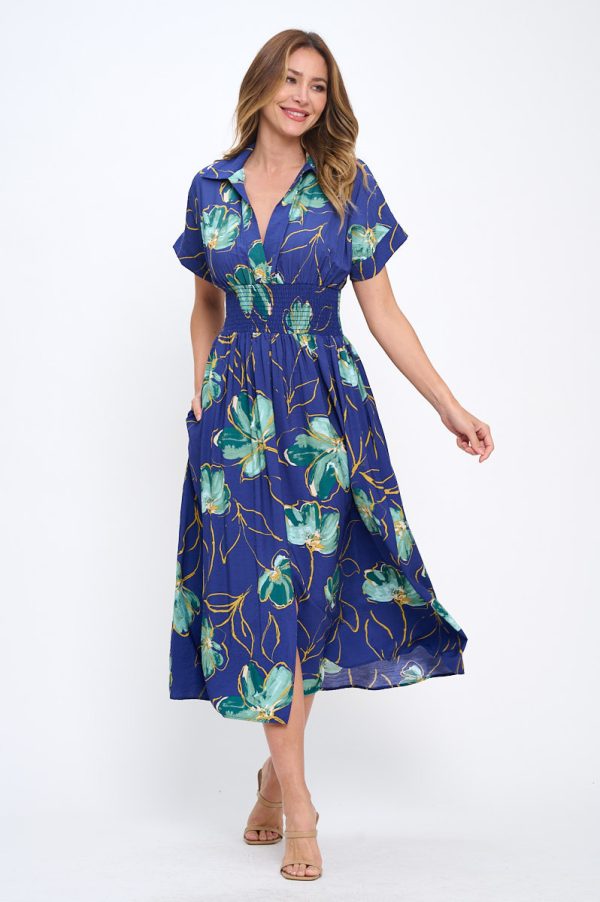 Floral Print V neck Collared Dress with Smock Waist Detail - Image 6