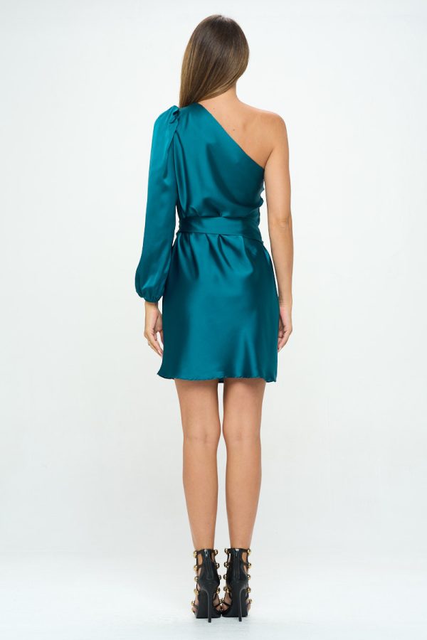 Stretch Satin One Shoulder Bodycon Dress w/ Tie - Image 5