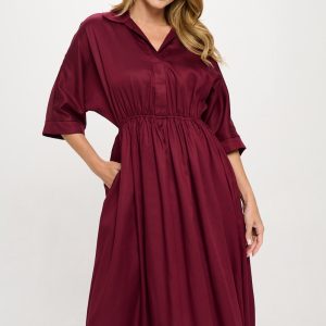 Tencel Collared V neck Midi Dress with Pockets