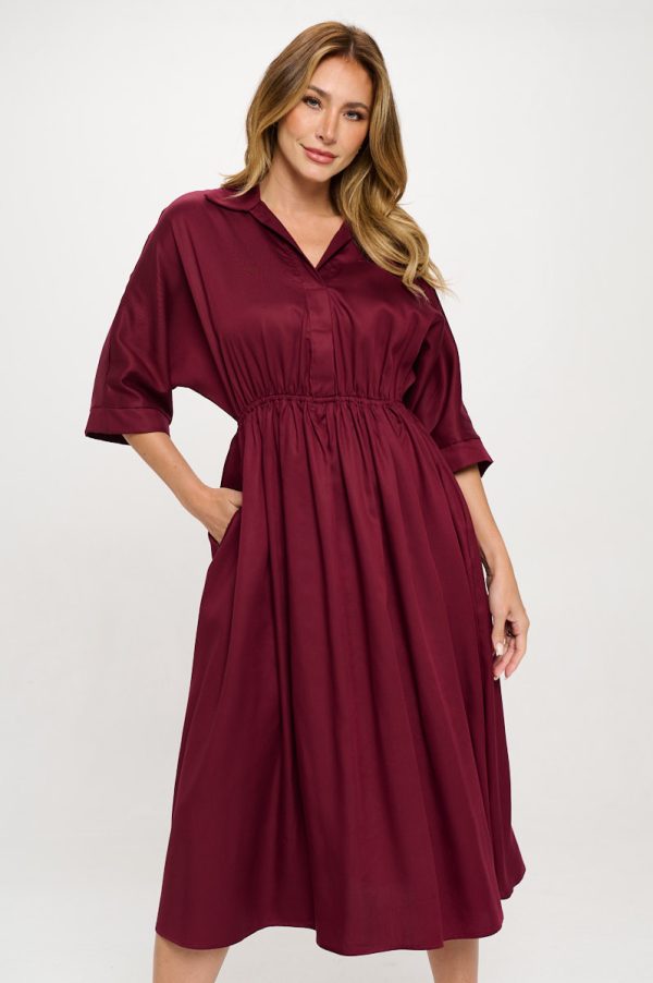 Tencel Collared V neck Midi Dress with Pockets