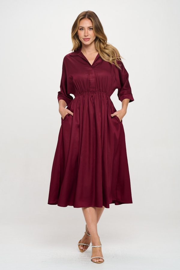 Tencel Collared V neck Midi Dress with Pockets - Image 2