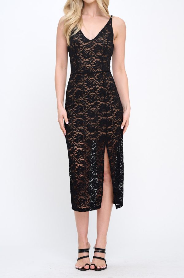 Lace Fully Lined V neck Midi Dress with Slit - Image 2
