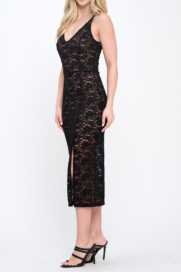 Lace Fully Lined V neck Midi Dress with Slit - Image 3