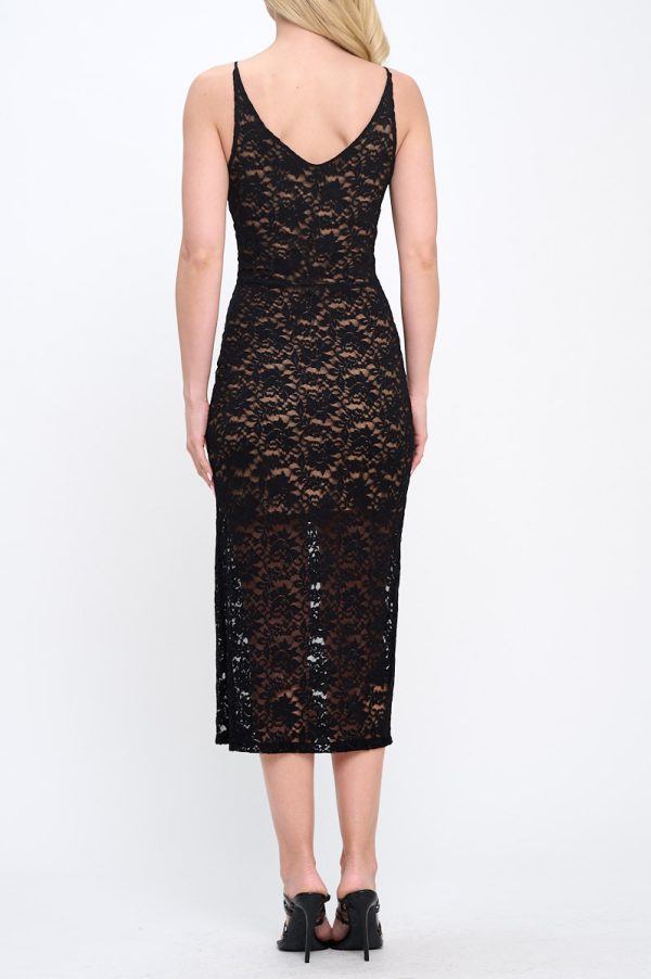 Lace Fully Lined V neck Midi Dress with Slit - Image 4