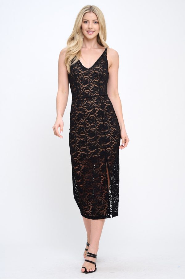 Lace Fully Lined V neck Midi Dress with Slit - Image 5