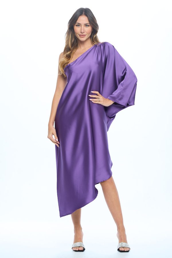 Satin Oversize One Shoulder Asymmetrical Dress - Image 2