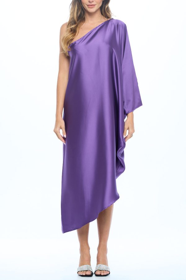 Satin Oversize One Shoulder Asymmetrical Dress - Image 5