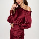 Satin Off Shoulder Ruched Asymmetrical Hem Dress with Slit Cuff
