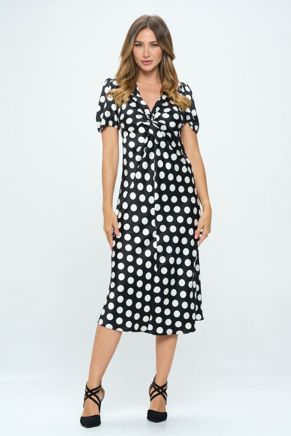 Stretch Satin Polka Dot Print Midi Dress - Image 2