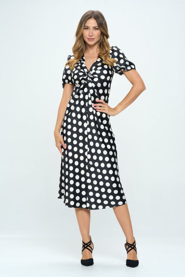 Stretch Satin Polka Dot Print Midi Dress - Image 3