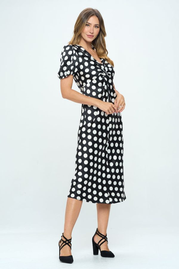 Stretch Satin Polka Dot Print Midi Dress - Image 4