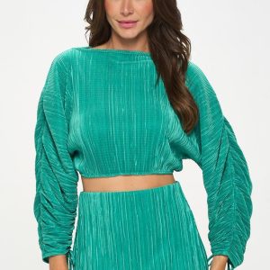 Plisse Crop Top with Adjustable Sleeve and Tie