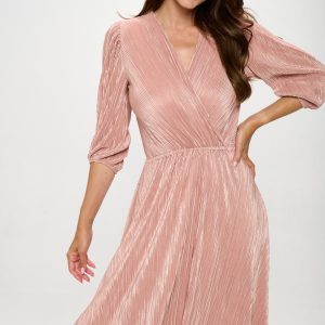 Plisse V neck Dress with Asymmetrical Hem