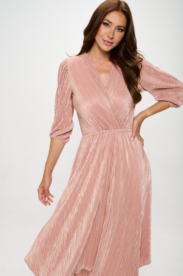 Plisse V neck Dress with Asymmetrical Hem
