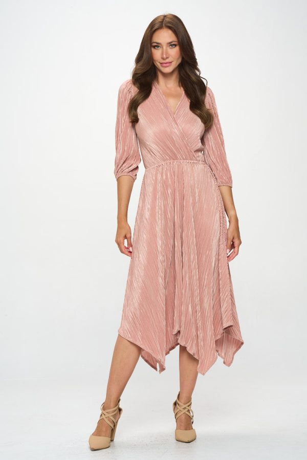 Plisse V neck Dress with Asymmetrical Hem - Image 2