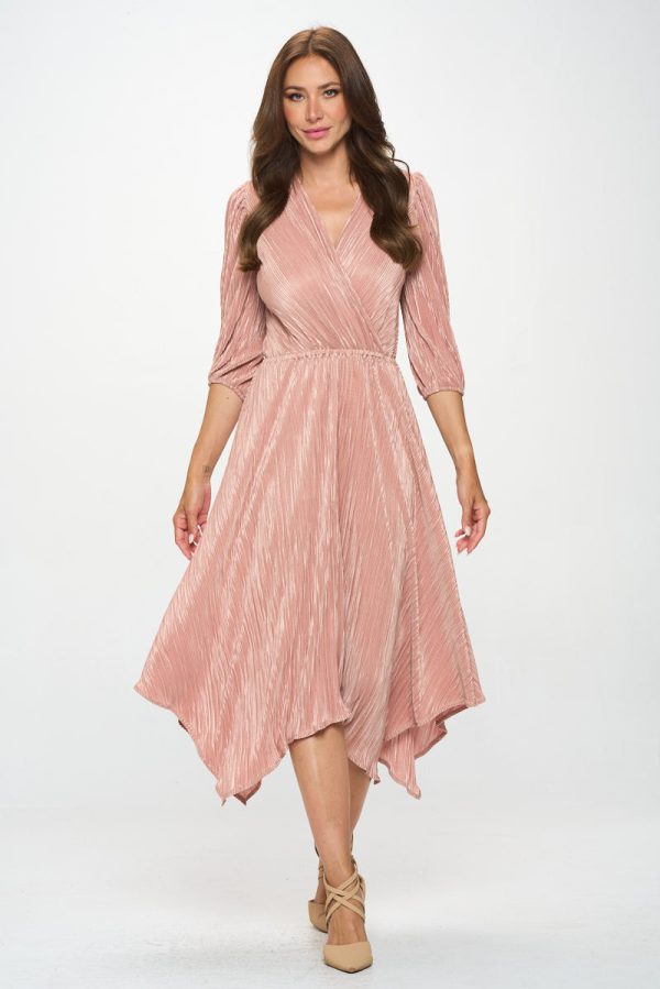 Plisse V neck Dress with Asymmetrical Hem - Image 3