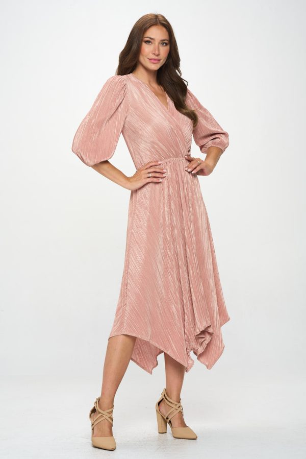 Plisse V neck Dress with Asymmetrical Hem - Image 4