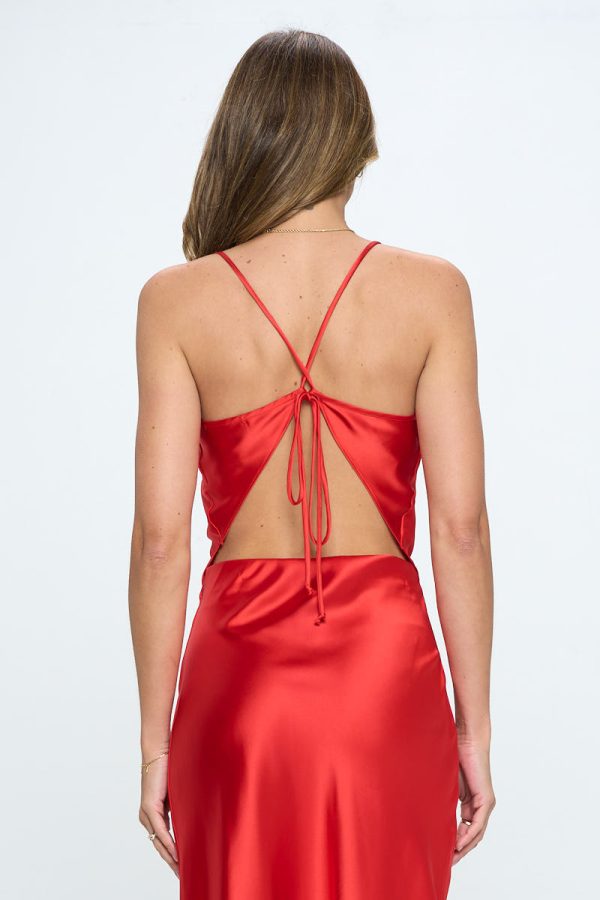 Silky Stretch Satin Solid Backless Tie Top - Image 4