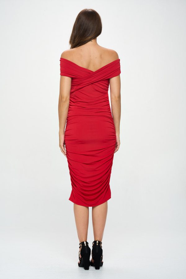 Solid Off Shoulder Midi Bodycon Dress with Ruched Detail - Image 5