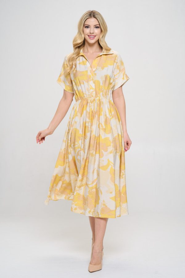 Flower Print Collared V neck Dress with Pockets - Image 2