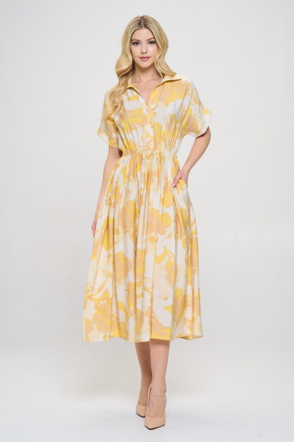 Flower Print Collared V neck Dress with Pockets - Image 3