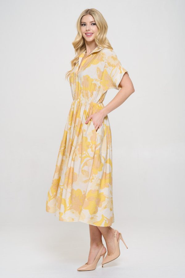 Flower Print Collared V neck Dress with Pockets - Image 4